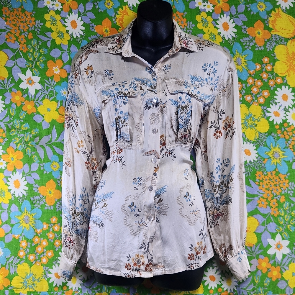 Vintage 80s Escada Margaretha Ley Floral 100% Silk Button-Down Shirt